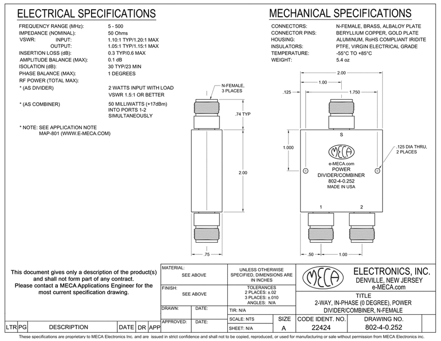 802-4-0.252 N-Female Power Divider electrical specs