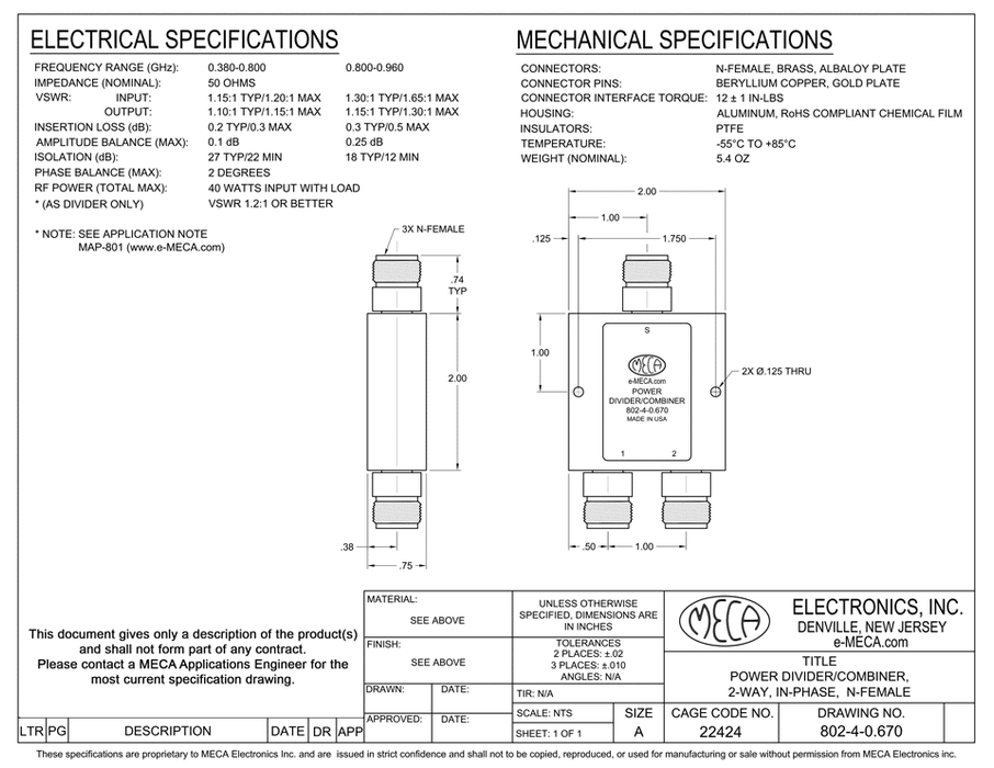 802-4-0.670 N Female Power Divider electrical specs