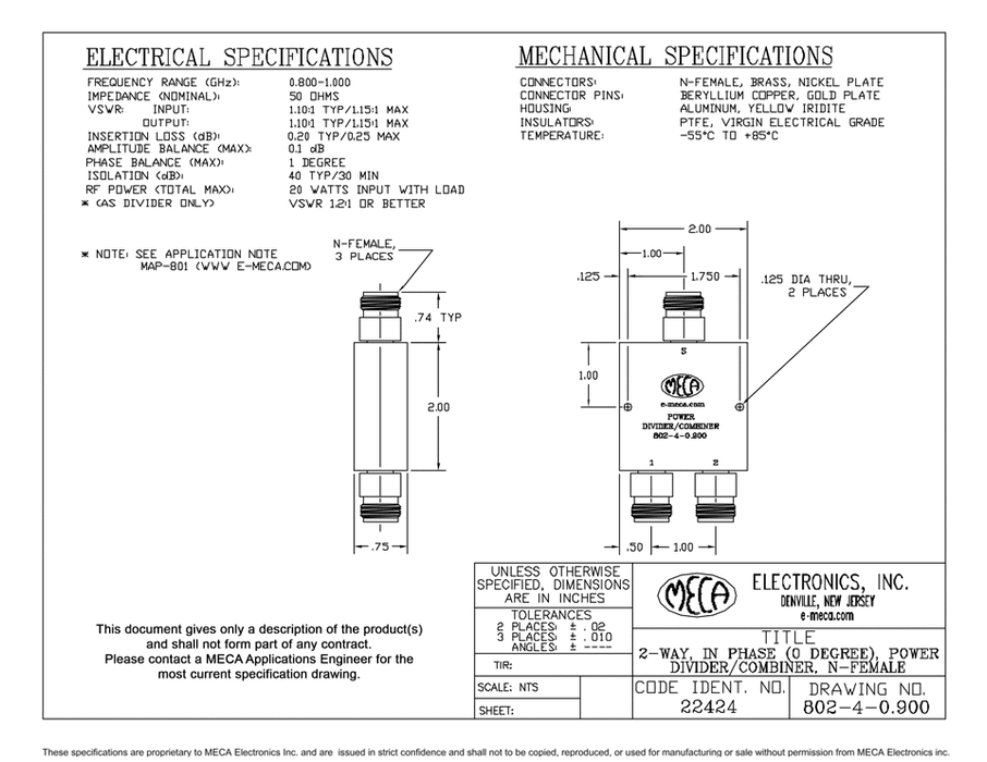 802-4-0.900 2-way N-Female Power Divider electrical specs