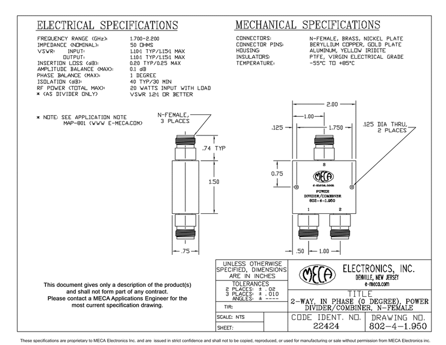 802-4-1.950 2 Way N-F Power Divider electrical specs