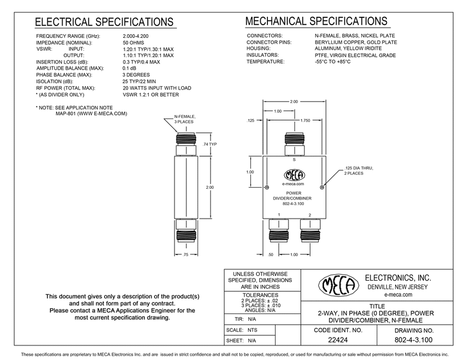 802-4-3.100 2 W N-Female Power Divider electrical specs