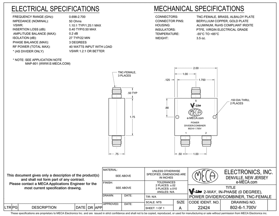 802-6-1.700V TNC Power Dividers electrical specs