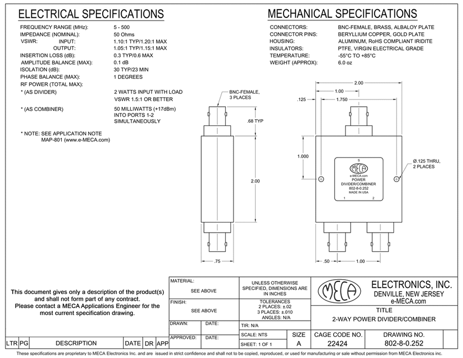 802-8-0.252 BNC-F Power Divider electrical specs