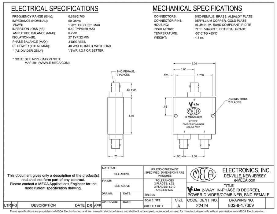 802-8-1.700V BNC-F Power Dividers electrical specs