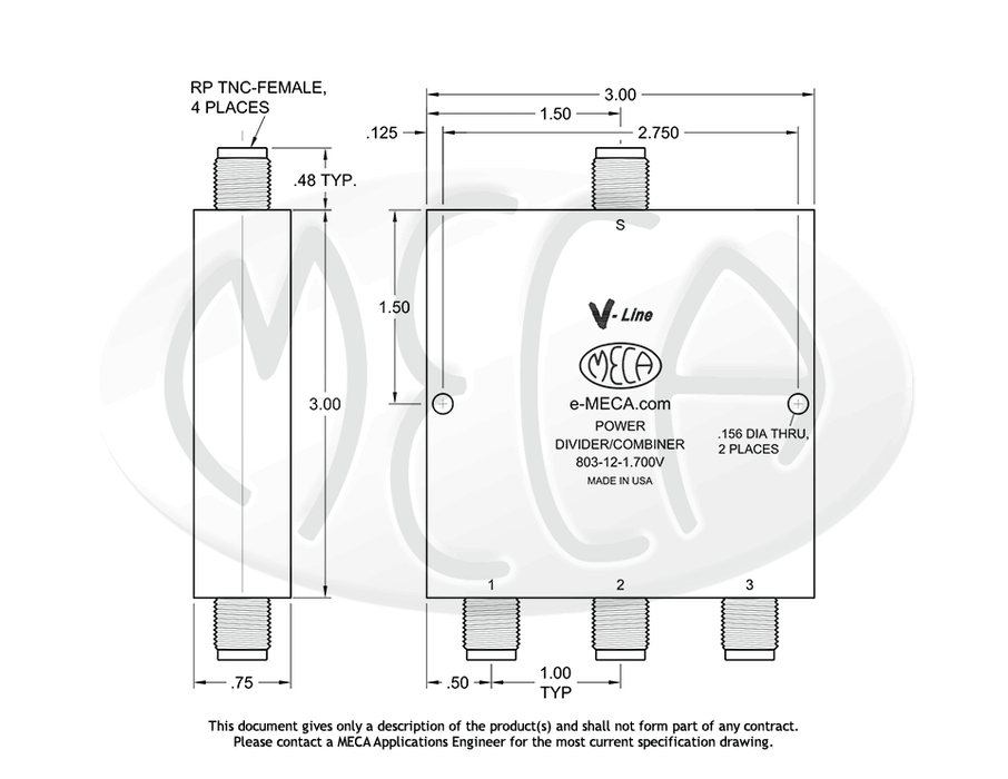 803-12-1.700V Power Divider RP-TNC-Female connectors drawing