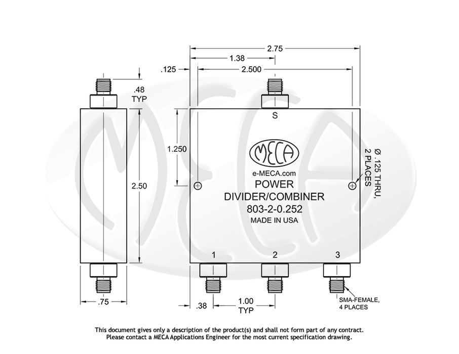 803-2-0.252 Power Divider SMA-Female connectors drawing