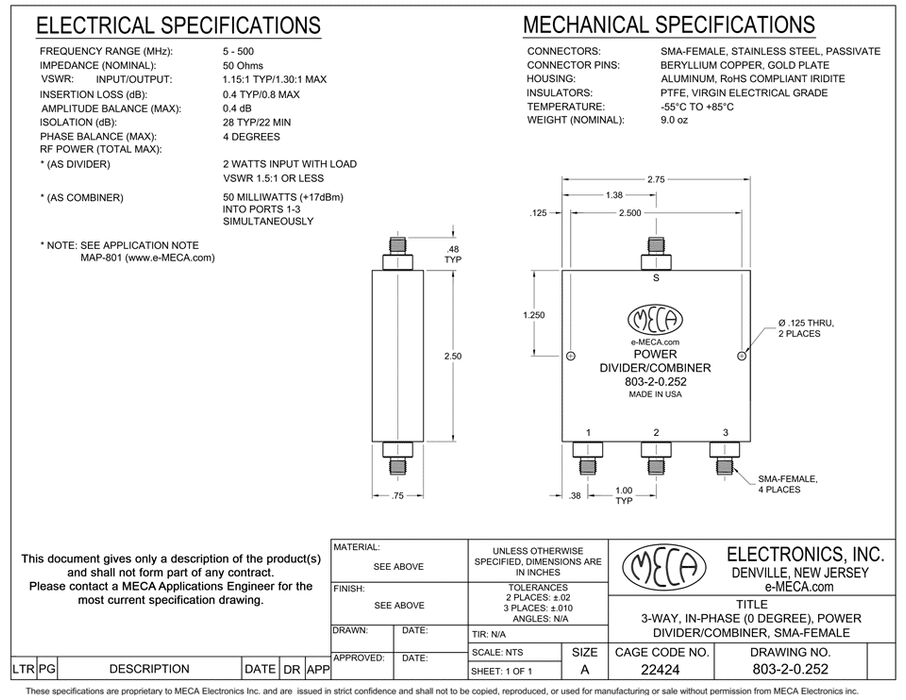 803-2-0.252 3-way SMA-Female Power Divider electrical specs