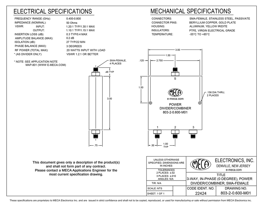 803-2-0.600-M01 3-way SMA-Female Power Dividers electrical specs