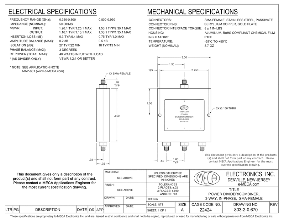 803-2-0.670 3-way SMA-F Power Divider electrical specs