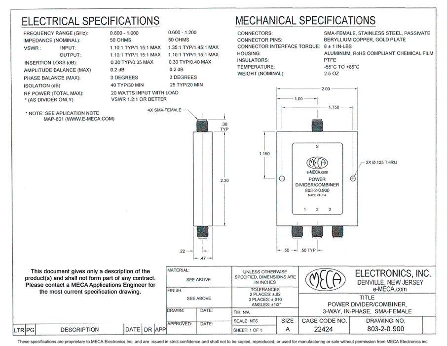 803-2-0.900 3-way SMA-F Power Dividers electrical specs