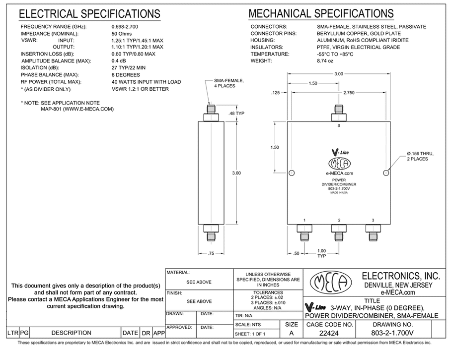 803-2-1.700V 3 Way SMA-Female Power Dividersr electrical specs