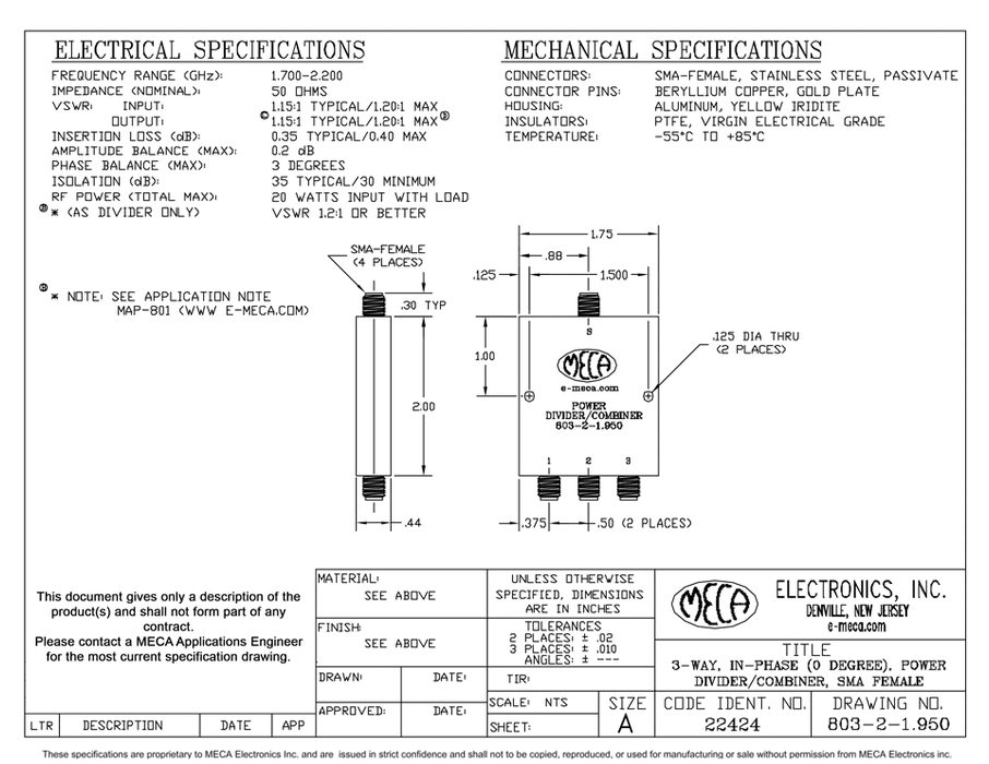 803-2-1.950 3 Way SMA-Female Power Dividers electrical specs