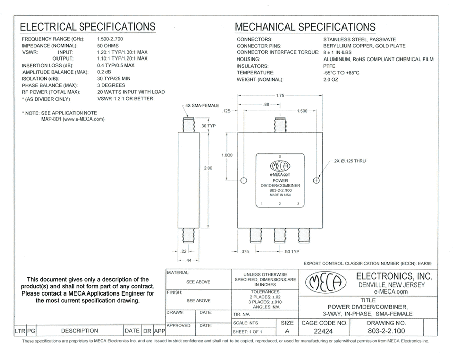 803-2-2.100 3 W SMA-Female Power Divider electrical specs