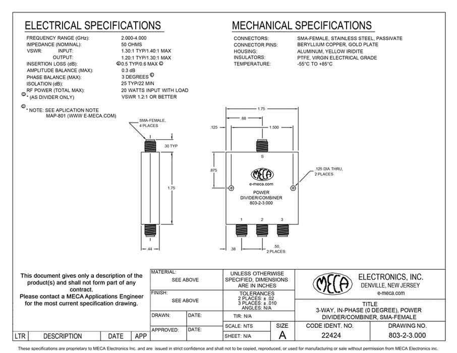 803-2-3.000 3 W SMA-Female Power Dividers electrical specs