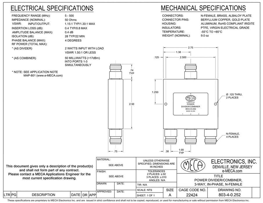 803-4-0.252 Power Divider electrical specs