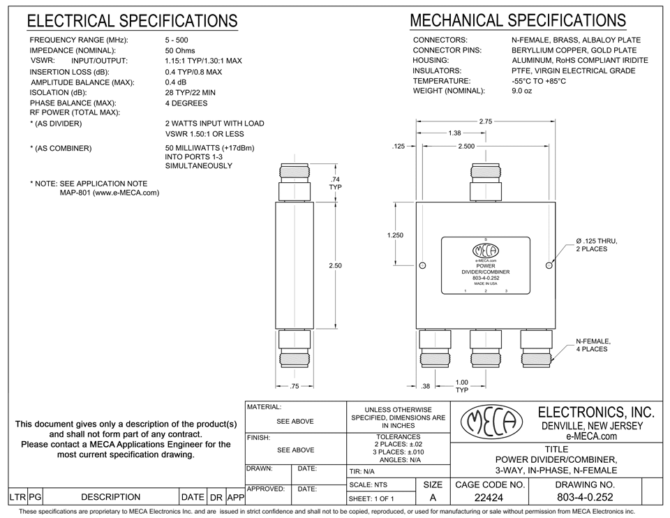 Power Divider, 803-4-0.252, N-Female, 5-500 MHz — MECA Electronics, Inc.