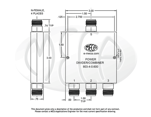 803-4-0.600 Power Divider N-Female connectors drawing