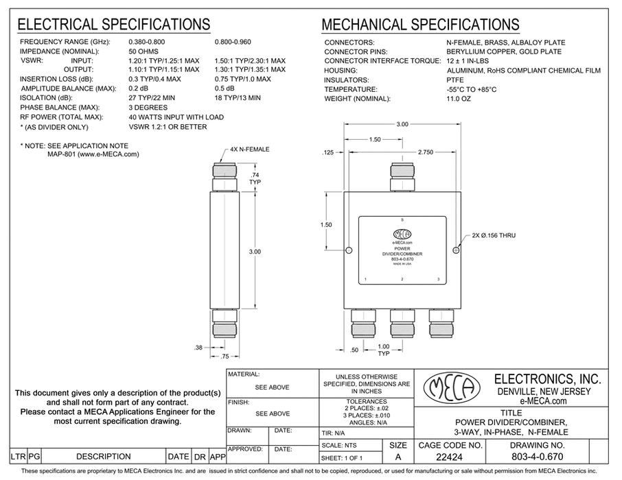 803-4-0.670 3W N-F Power Divider electrical specs