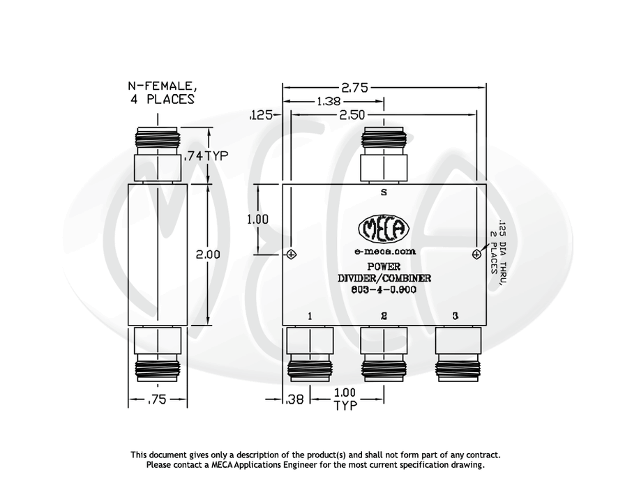 803-4-0.900 Power Divider N-Female connectors drawing