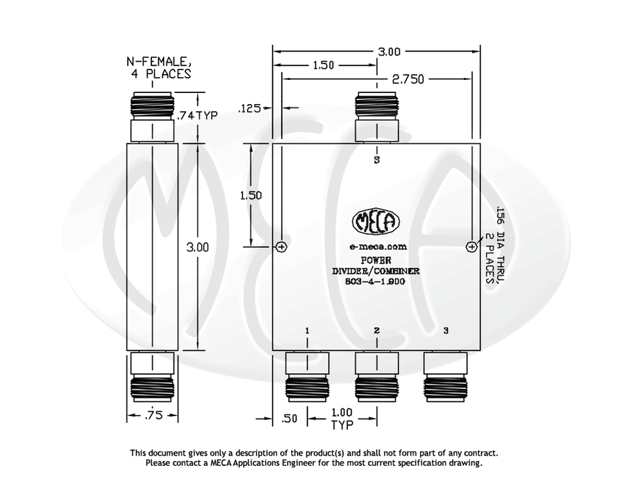 803-4-1.900 Power Divider N-Female connectors drawing