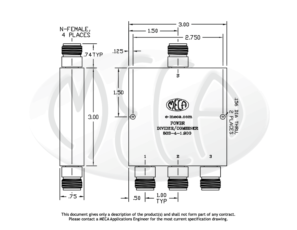 3W N F Power Divider, 803-4-1.900, N-Female, 0.8-3.0 GHz — MECA ...