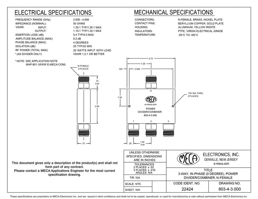 803-4-3.000 3-W N-F Power Divider electrical specs