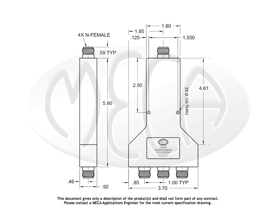 803-4-3.250WWP Power Divider N-Female connectors drawing