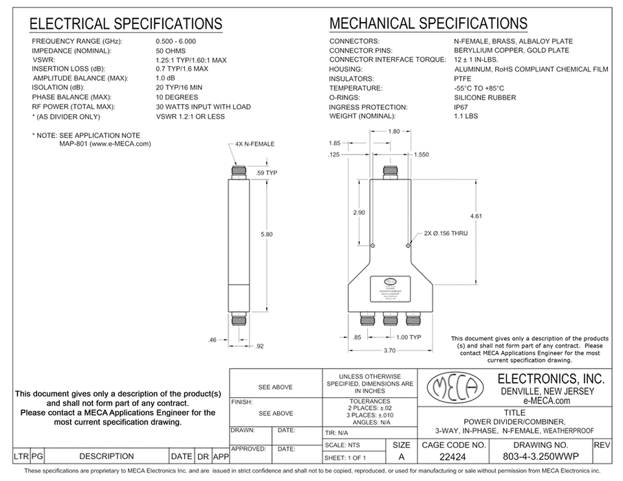803-4-3.250WWP 3-W N-F Power Dividers electrical specs