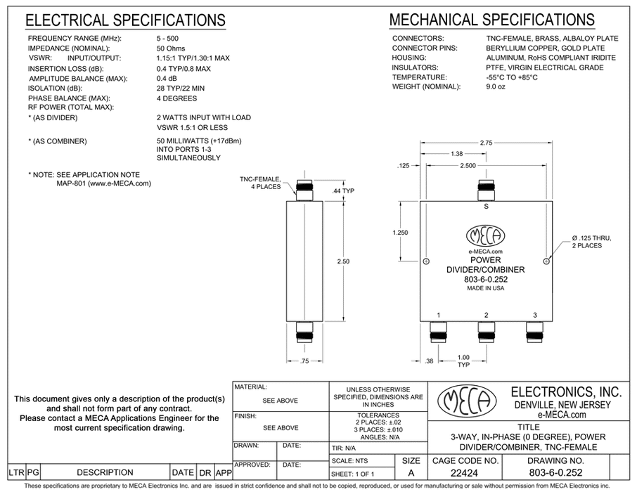 803-6-0.252 3-way TNC-F Power Divider electrical specs