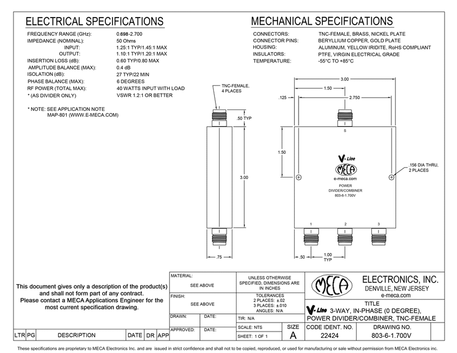 803-6-1.700V 3-way TNC-F Power Dividers electrical specs