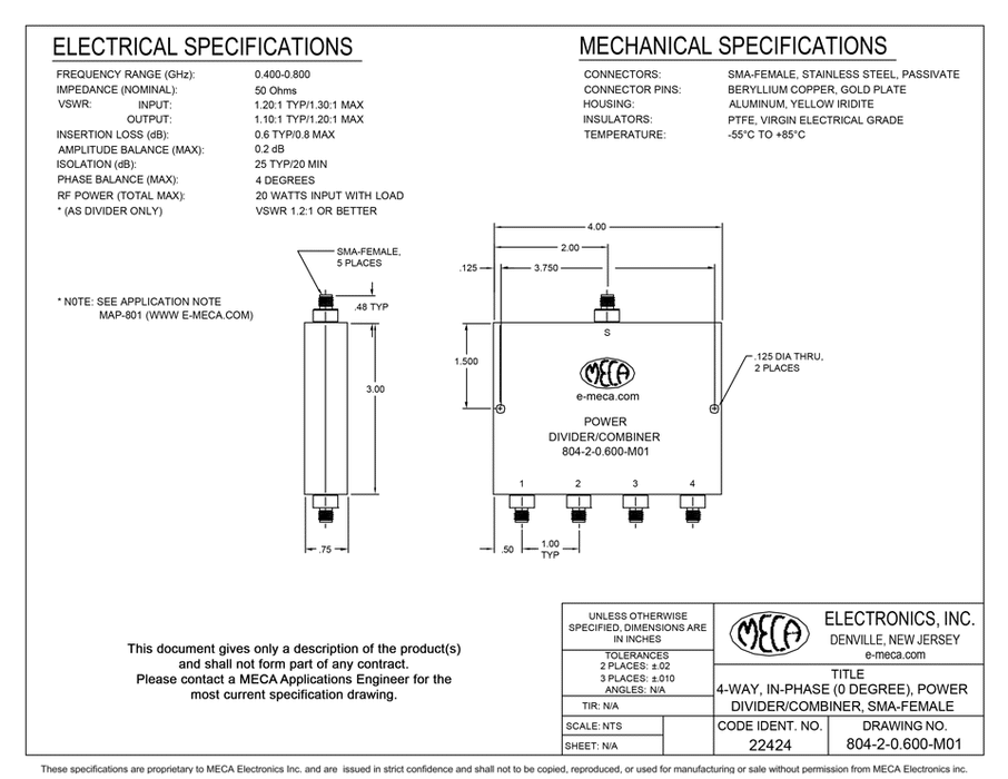 804-2-0.600-M01 4W SMA-F Power Dividers electrical specs