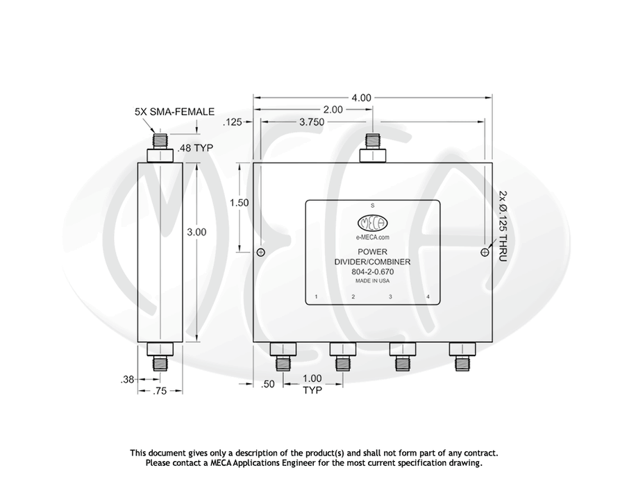 804-2-0.670 Power Divider SMA-Female connectors drawing