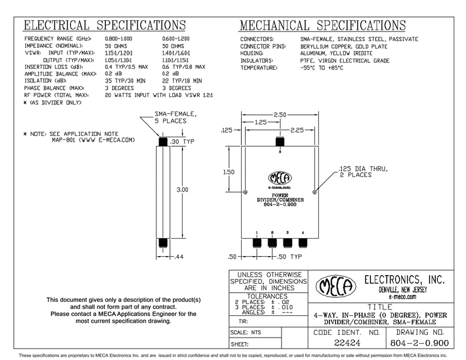 804-2-0.900 4-W SMA-F Power Dividers electrical specs