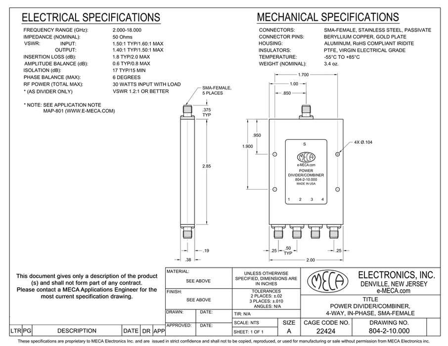 804-2-10.000 4 Way SMA-F Power Divider electrical specs