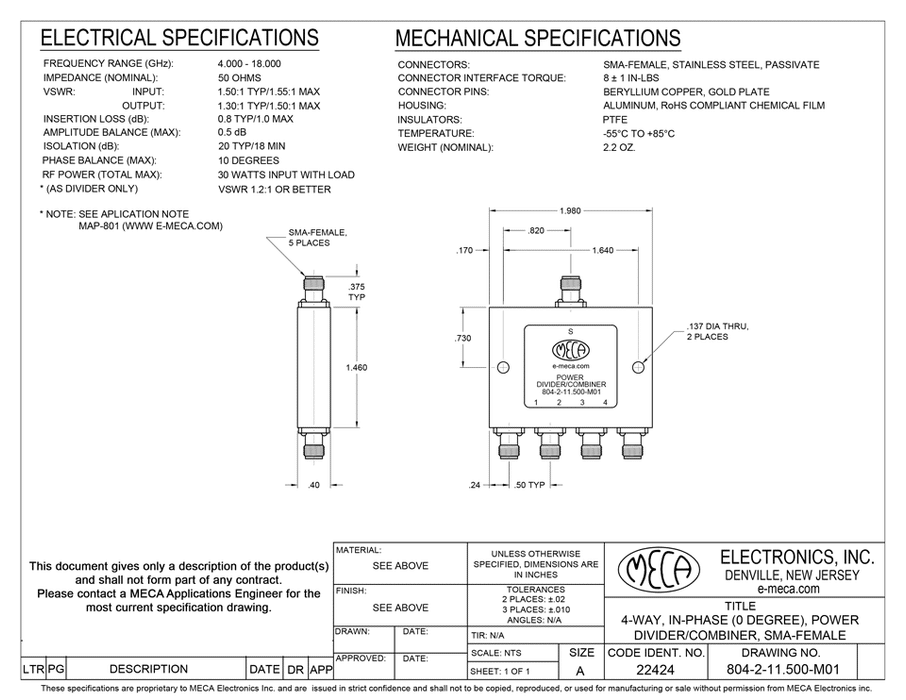 804-2-11.500-M01 4 Way SMA-F Power Dividers electrical specs