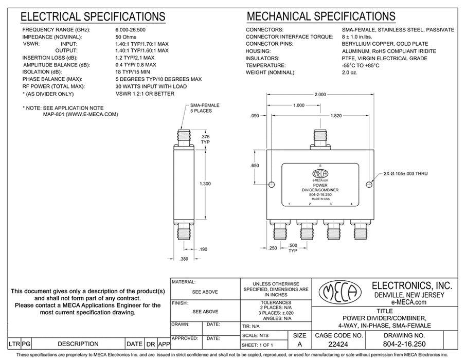 804-2-16.250 4 Way SMA-Female Power Dividers electrical specs