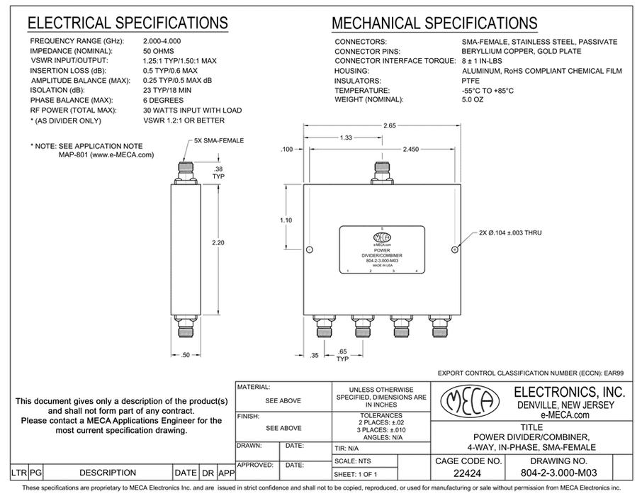 804-2-3.000-M03 4 W SMA Power Divider electrical specs