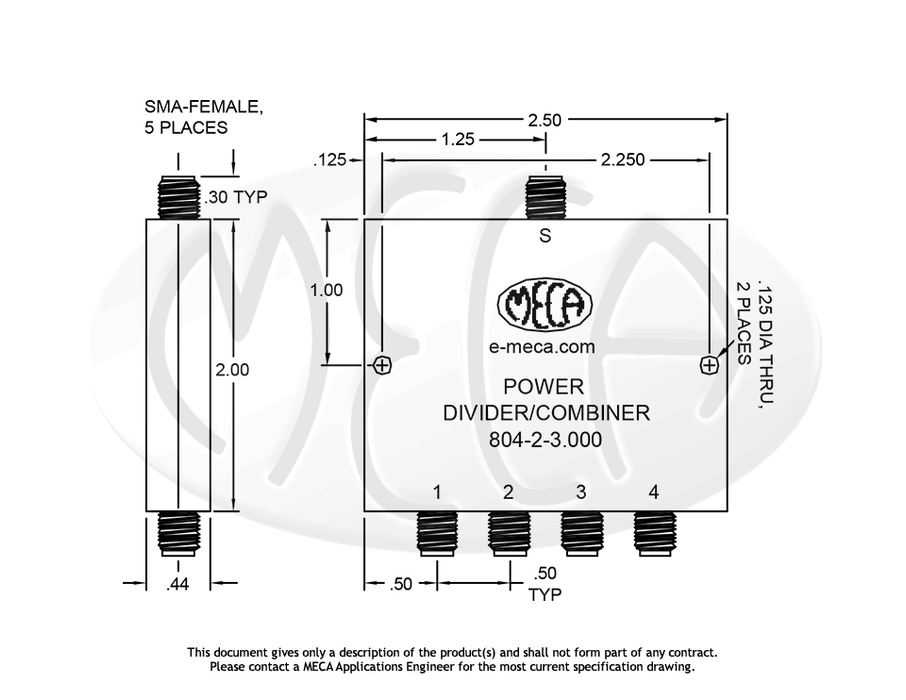 804-2-3.000 Power Divider SMA-Female connectors drawing