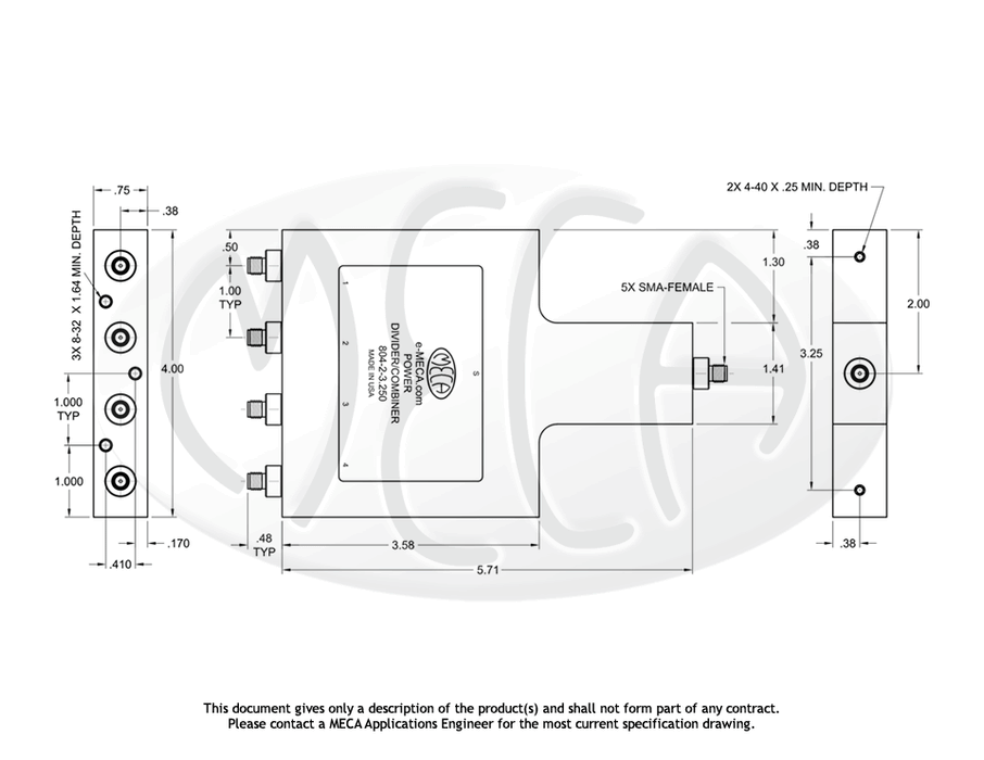 804-2-3.250 Power Divider SMA-Female connectors drawing
