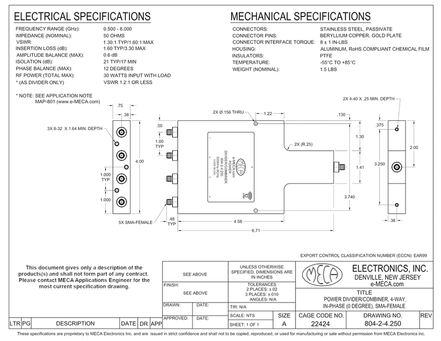 804-2-4.250 4-W SMA Power Dividers electrical specs