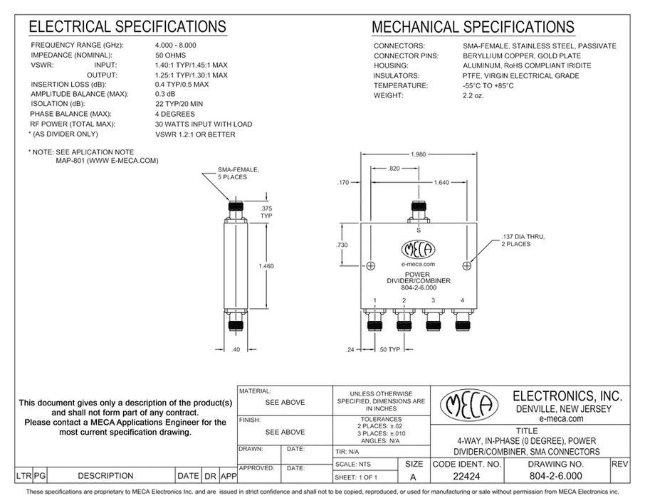 804-2-6.000 4W SMA Power Divider electrical specs