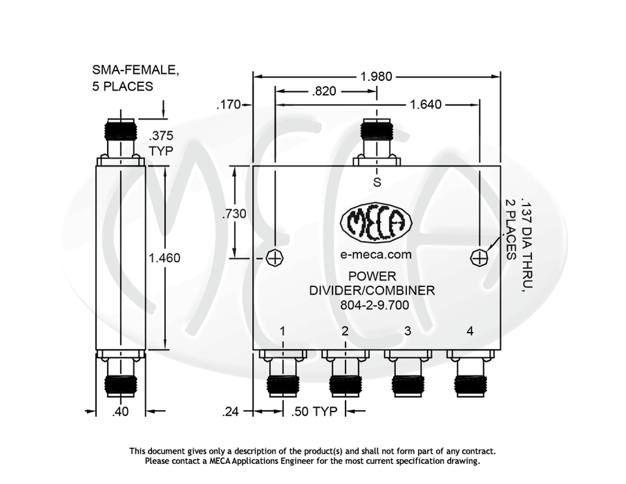 804-2-9.700 Power Divider SMA-Female connectors drawing