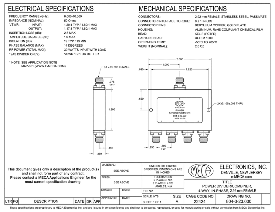 804-3-23.000 2.92mm-F Power Divider electrical specs