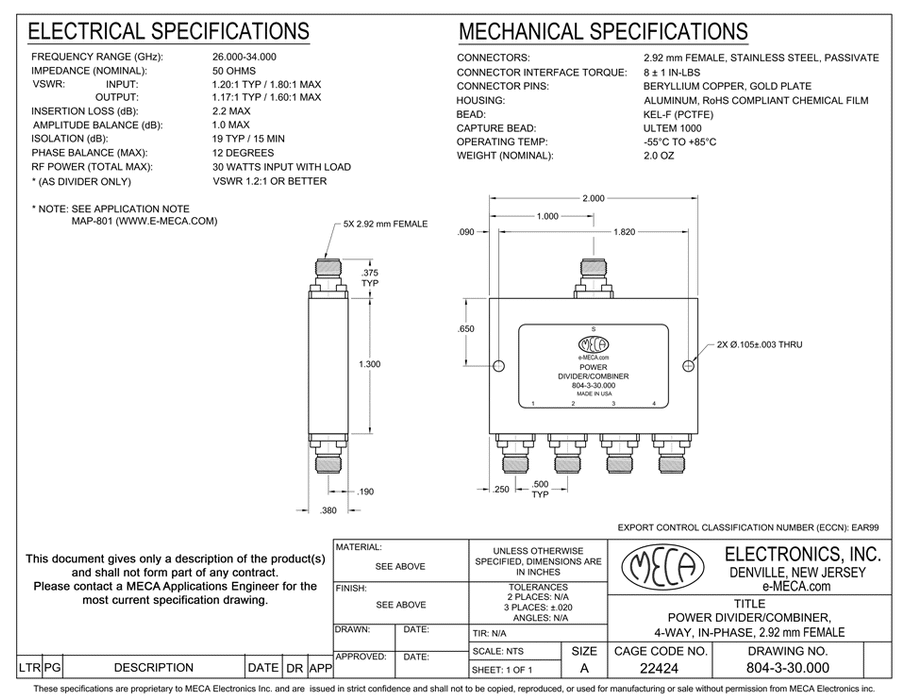 804-3-30.000 2.92mm F Power Divider electrical specs