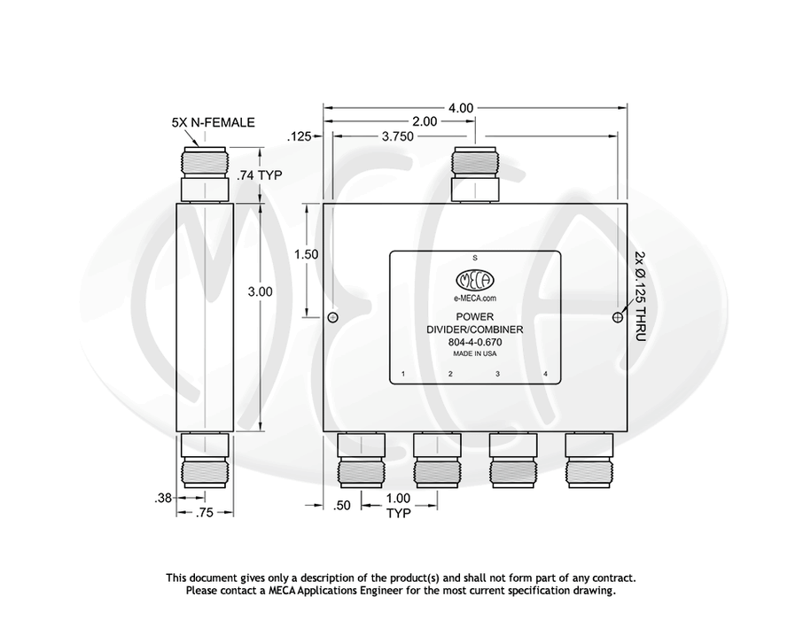 804-4-0.670 Power Divider N-Female connectors drawing