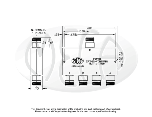 804-4-1.950 Power Divider N-Female connectors drawing