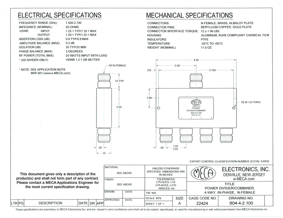 804-4-2.100 4-W N-F Power Dividers electrical specs