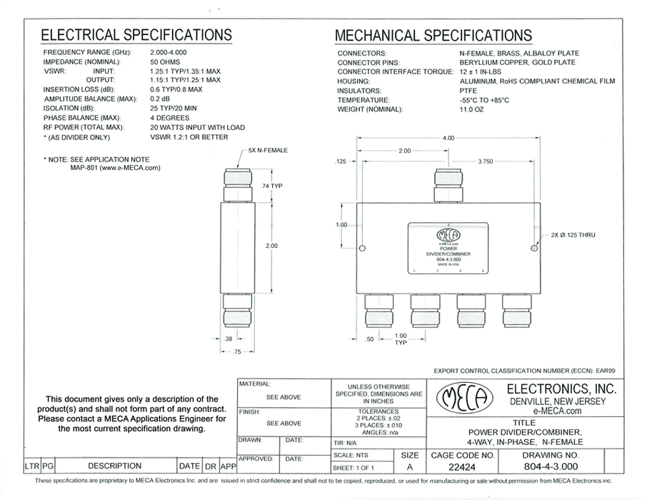804-4-3.000 4 W N F Power Divider electrical specs
