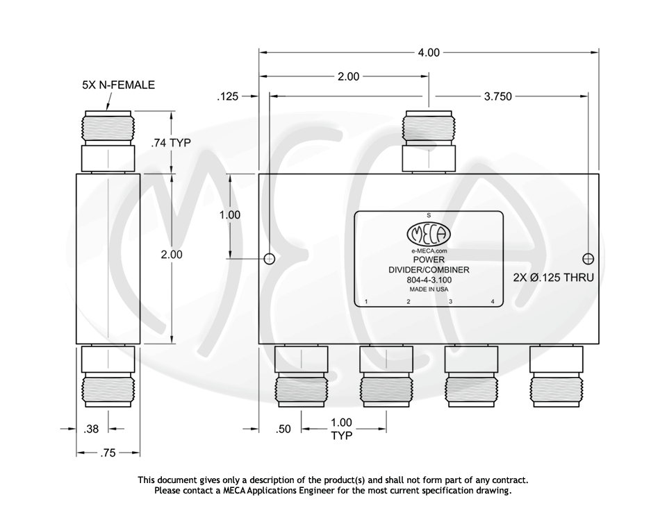 4 W N F Power Dividers, 804-4-3.100, N-Female, 2.0-4.2 GHz — MECA ...