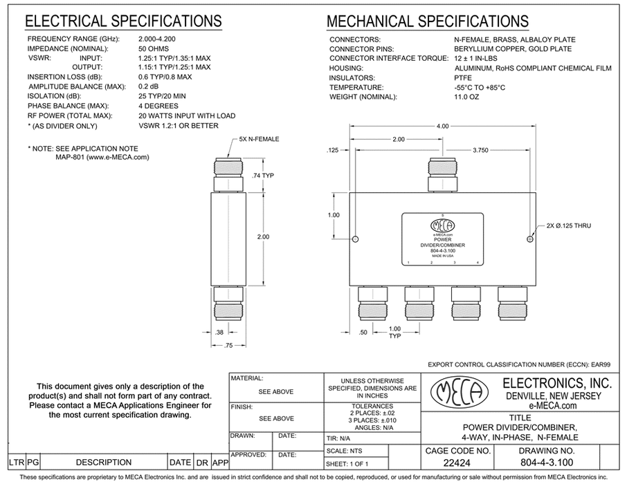 804-4-3.100 4 W N F Power Dividers electrical specs